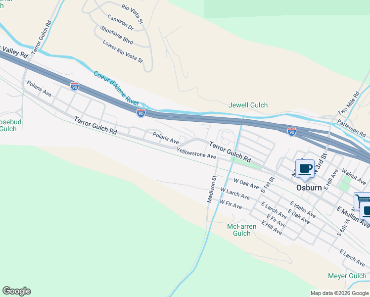 map of restaurants, bars, coffee shops, grocery stores, and more near 720 West Yellowstone Avenue in Osburn