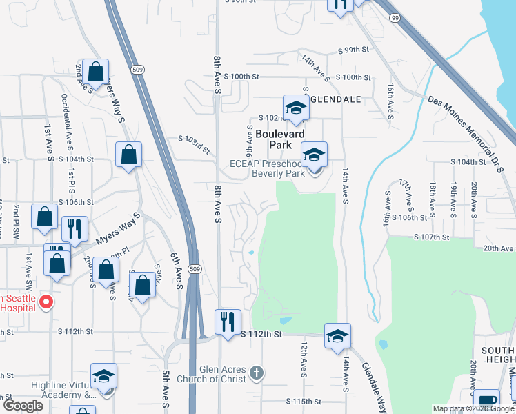 map of restaurants, bars, coffee shops, grocery stores, and more near 10716 Glen Acres Drive South in Seattle