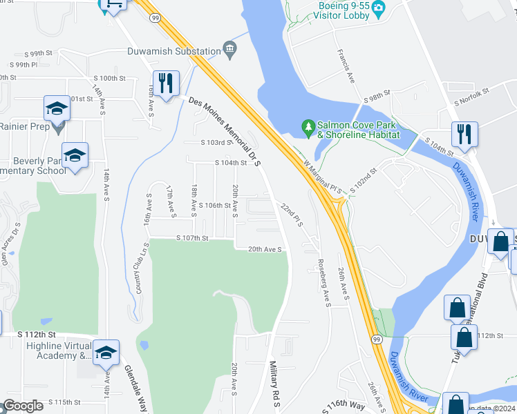 map of restaurants, bars, coffee shops, grocery stores, and more near 10609 Des Moines Memorial Drive South in Seattle