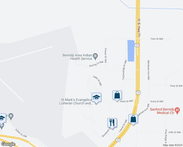 map of restaurants, bars, coffee shops, grocery stores, and more near 4000 Whispering Meadows Court Northwest in Bemidji