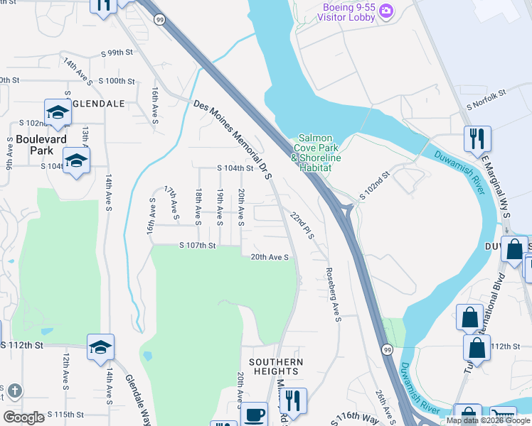 map of restaurants, bars, coffee shops, grocery stores, and more near 10609 Des Moines Memorial Drive South in Seattle