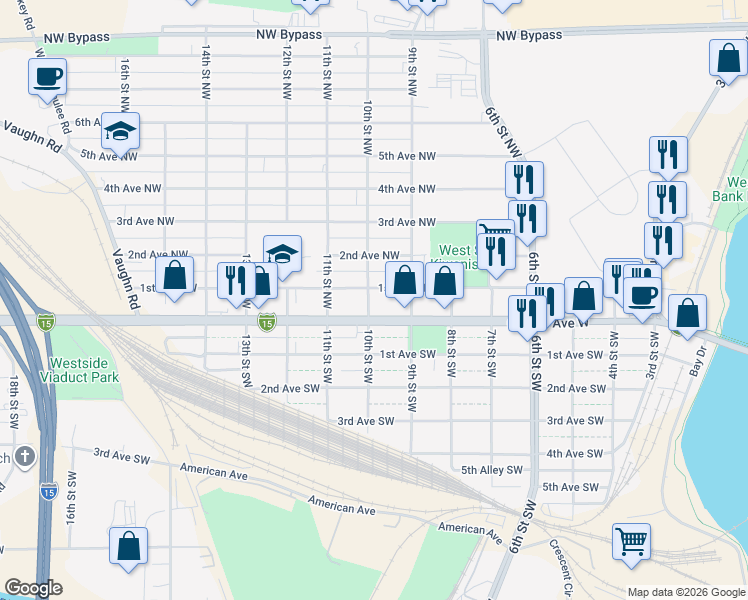 map of restaurants, bars, coffee shops, grocery stores, and more near 927 Central Avenue West in Great Falls