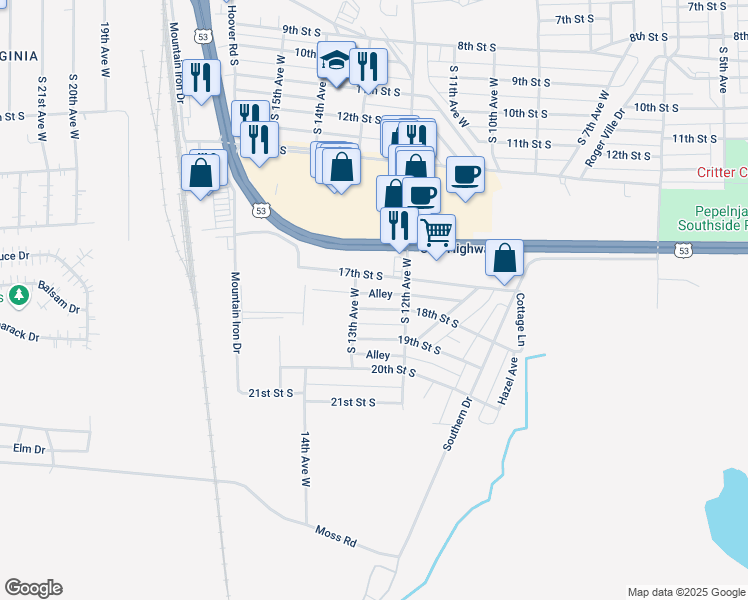 map of restaurants, bars, coffee shops, grocery stores, and more near 1210 18th Street South in Virginia