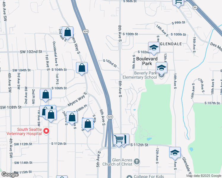 map of restaurants, bars, coffee shops, grocery stores, and more near 10467 8th Avenue South in Seattle