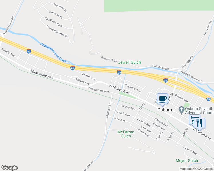 map of restaurants, bars, coffee shops, grocery stores, and more near 327 West Mullan Avenue in Osburn