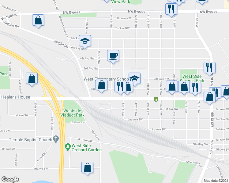 map of restaurants, bars, coffee shops, grocery stores, and more near 1419 Central Avenue West in Great Falls