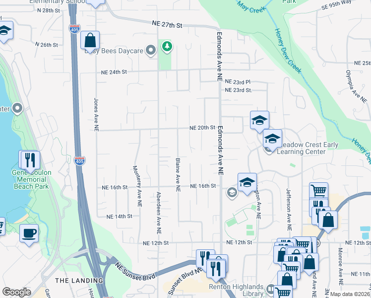 map of restaurants, bars, coffee shops, grocery stores, and more near 2399 Northeast 18th Street in Renton