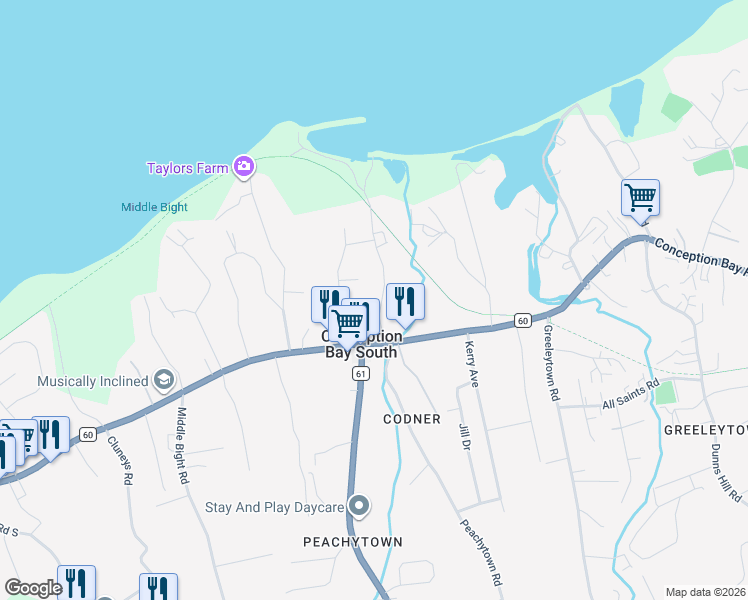 map of restaurants, bars, coffee shops, grocery stores, and more near in Conception Bay South