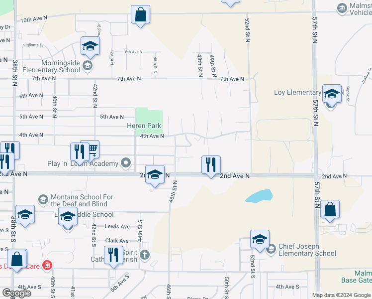 map of restaurants, bars, coffee shops, grocery stores, and more near 4601 2nd Avenue North in Great Falls