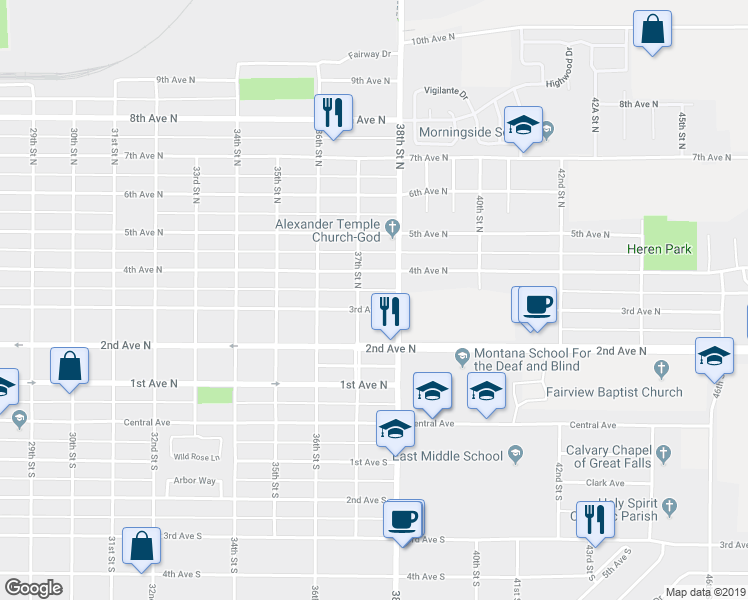 map of restaurants, bars, coffee shops, grocery stores, and more near 3705 2nd Avenue North in Great Falls