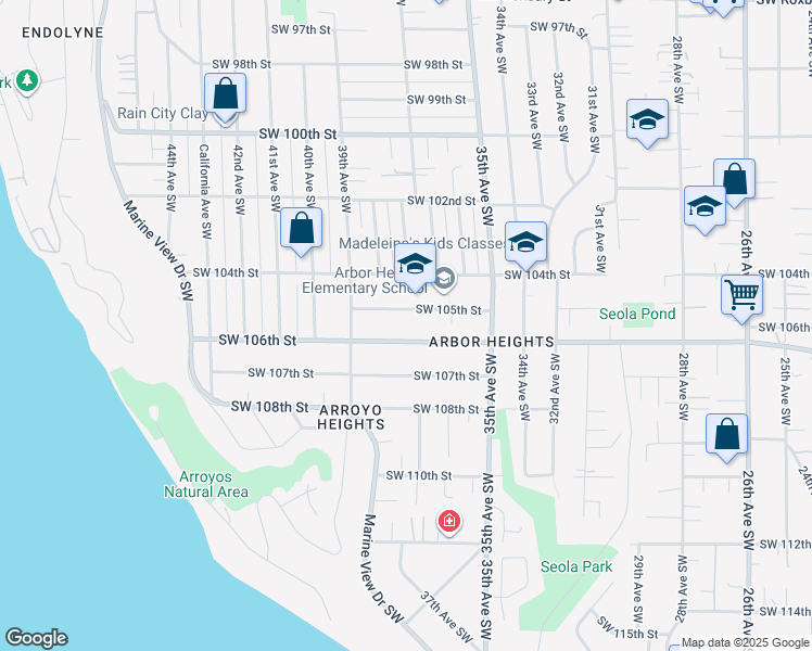 map of restaurants, bars, coffee shops, grocery stores, and more near 3704 Southwest 106th Street in Seattle