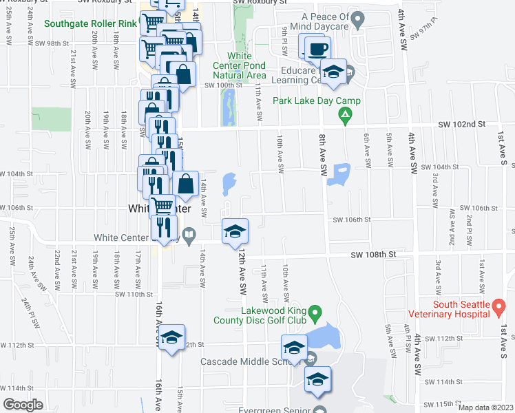 map of restaurants, bars, coffee shops, grocery stores, and more near 10611 11th Avenue Southwest in Seattle