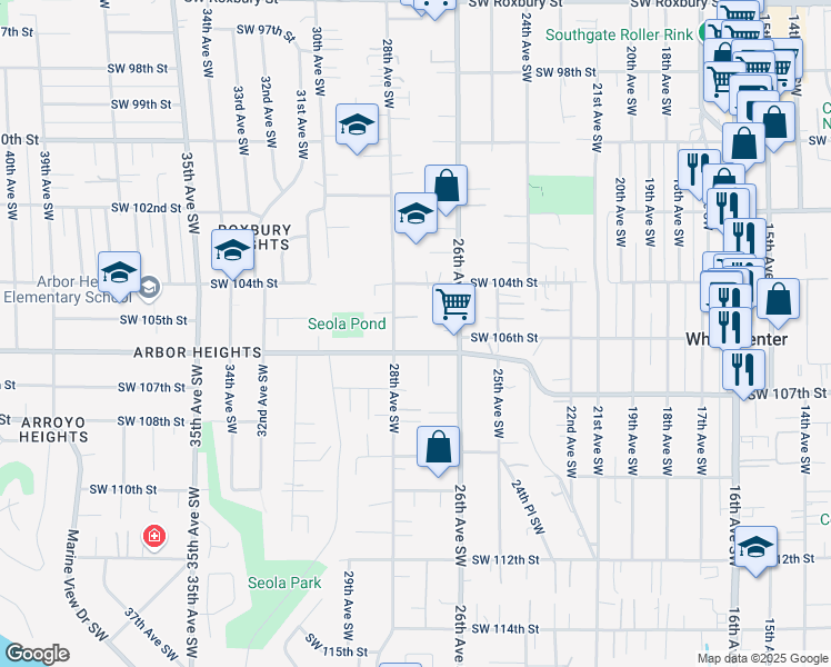 map of restaurants, bars, coffee shops, grocery stores, and more near 2631 Southwest 106th Street in Seattle