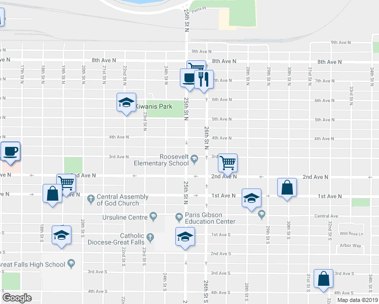 map of restaurants, bars, coffee shops, grocery stores, and more near 1 25th Street North in Great Falls