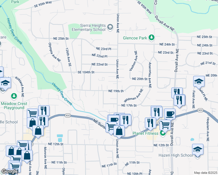 map of restaurants, bars, coffee shops, grocery stores, and more near 3919 Northeast 19th Street in Renton