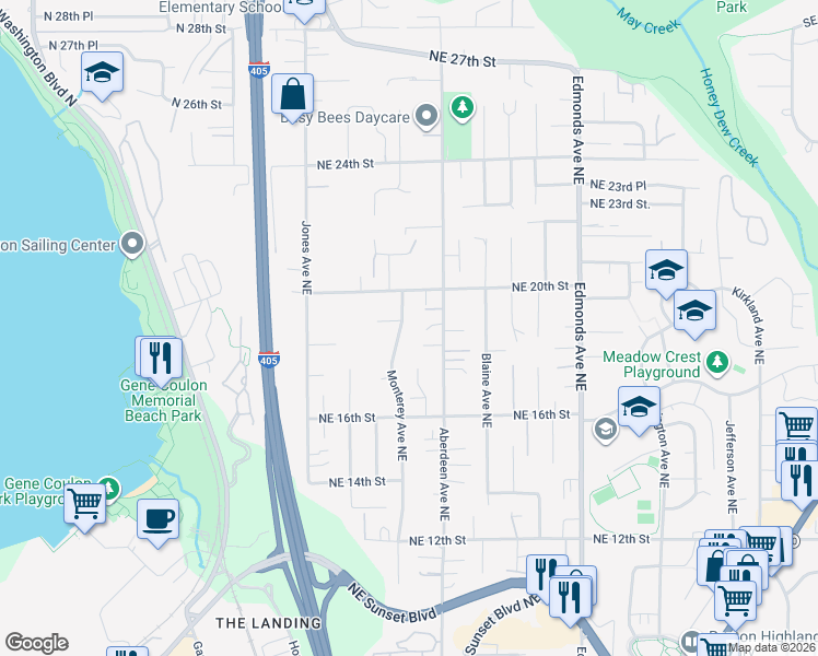 map of restaurants, bars, coffee shops, grocery stores, and more near 1715 Monterey Avenue Northeast in Renton