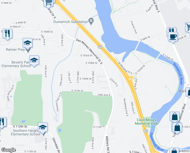 map of restaurants, bars, coffee shops, grocery stores, and more near 10610 20th Avenue South in Seattle