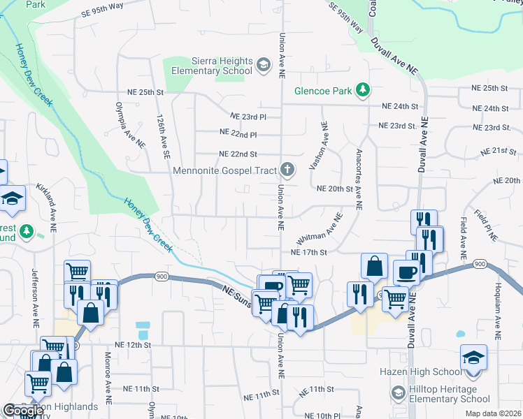 map of restaurants, bars, coffee shops, grocery stores, and more near 3919 Northeast 19th Street in Renton