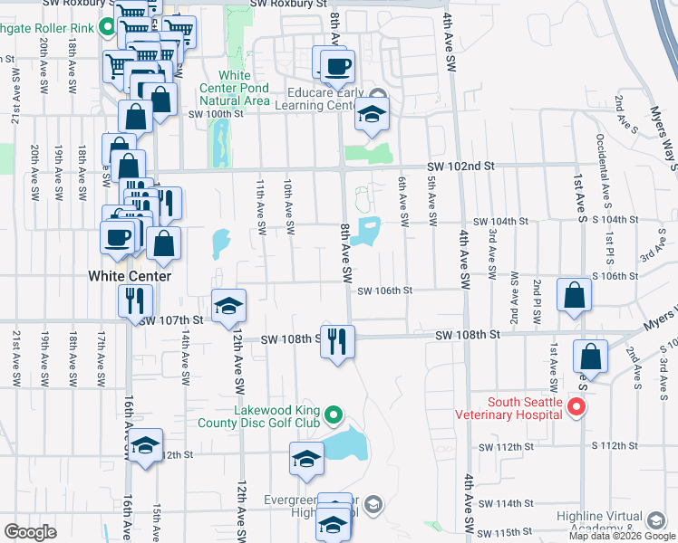 map of restaurants, bars, coffee shops, grocery stores, and more near 10602 8th Avenue Southwest in Seattle