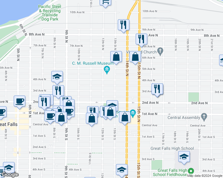 map of restaurants, bars, coffee shops, grocery stores, and more near 1221 3rd Avenue North in Great Falls