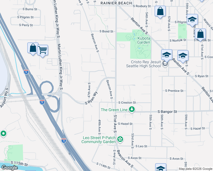 map of restaurants, bars, coffee shops, grocery stores, and more near 10231 Beacon Avenue South in Tukwila