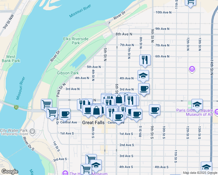 map of restaurants, bars, coffee shops, grocery stores, and more near 505 3rd Avenue North in Great Falls