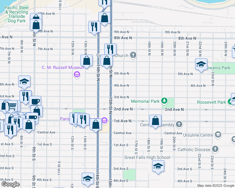 map of restaurants, bars, coffee shops, grocery stores, and more near 1516 4th Avenue North in Great Falls