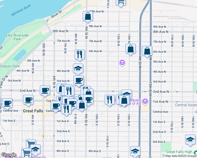 map of restaurants, bars, coffee shops, grocery stores, and more near 1008 4th Avenue North in Great Falls