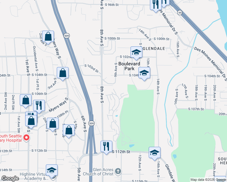 map of restaurants, bars, coffee shops, grocery stores, and more near 10628 Glen Acres Drive South in Burien