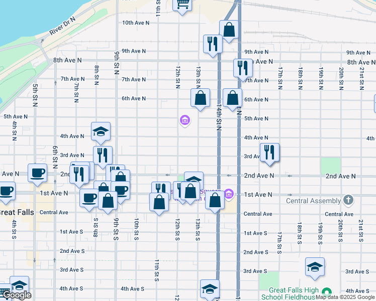 map of restaurants, bars, coffee shops, grocery stores, and more near 1204 4th Ave N in Great Falls
