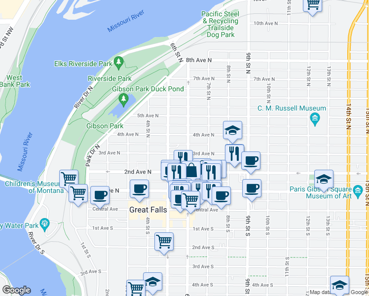 map of restaurants, bars, coffee shops, grocery stores, and more near 600 4th Avenue North in Great Falls