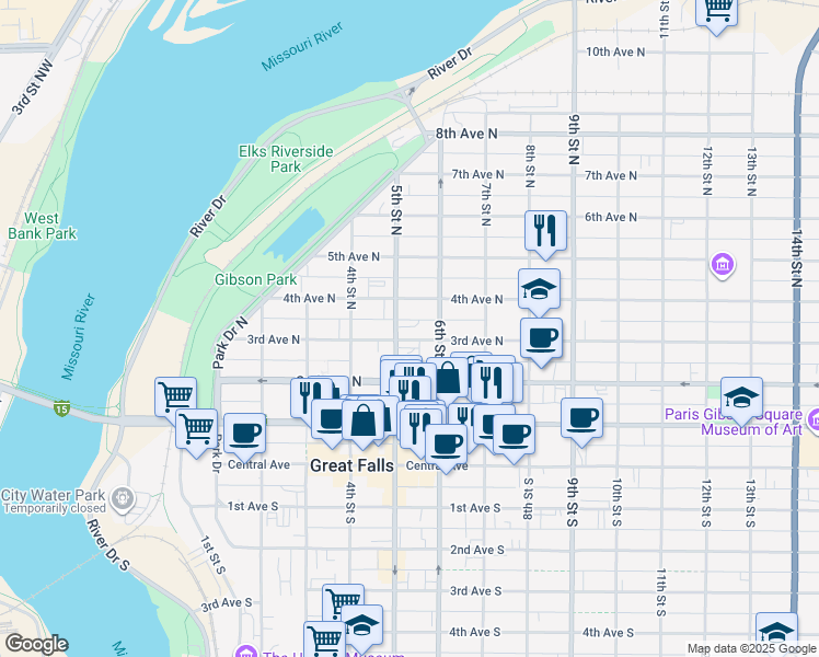 map of restaurants, bars, coffee shops, grocery stores, and more near 510 4th Avenue North in Great Falls