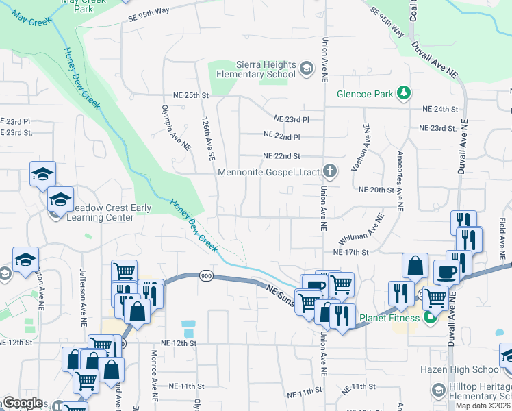 map of restaurants, bars, coffee shops, grocery stores, and more near 1927 Redmond Avenue Northeast in Renton