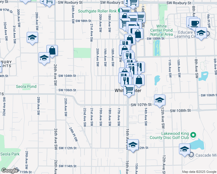 map of restaurants, bars, coffee shops, grocery stores, and more near 10419 18th Avenue Southwest in Seattle