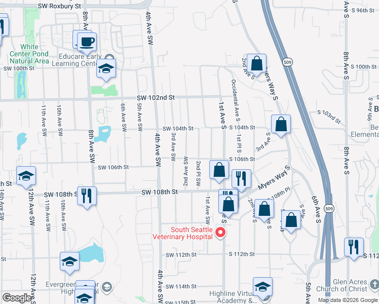 map of restaurants, bars, coffee shops, grocery stores, and more near 10429 2nd Avenue Southwest in Seattle