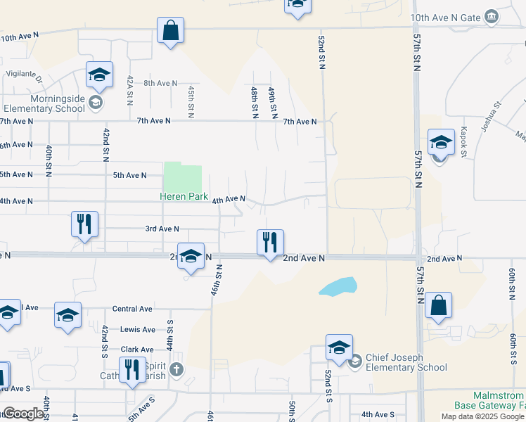 map of restaurants, bars, coffee shops, grocery stores, and more near 404 Columbine Court in Great Falls