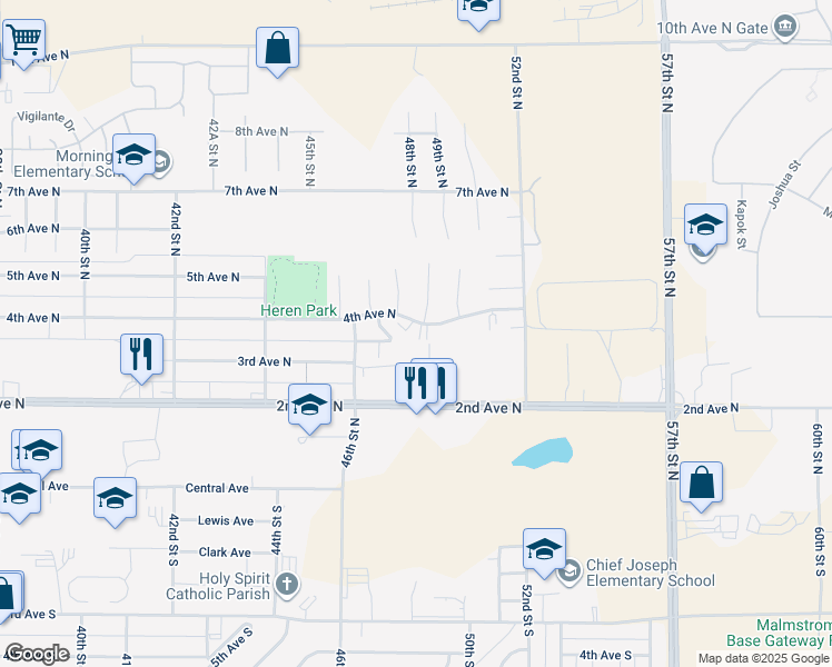 map of restaurants, bars, coffee shops, grocery stores, and more near 404 Columbine Court in Great Falls