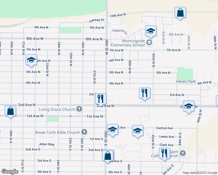 map of restaurants, bars, coffee shops, grocery stores, and more near 401-405 38th St N in Great Falls