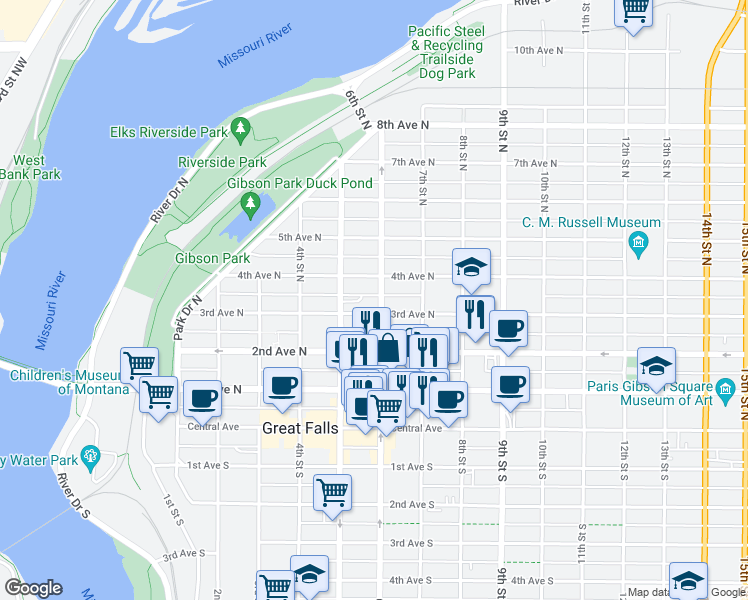 map of restaurants, bars, coffee shops, grocery stores, and more near 600 4th Avenue North in Great Falls