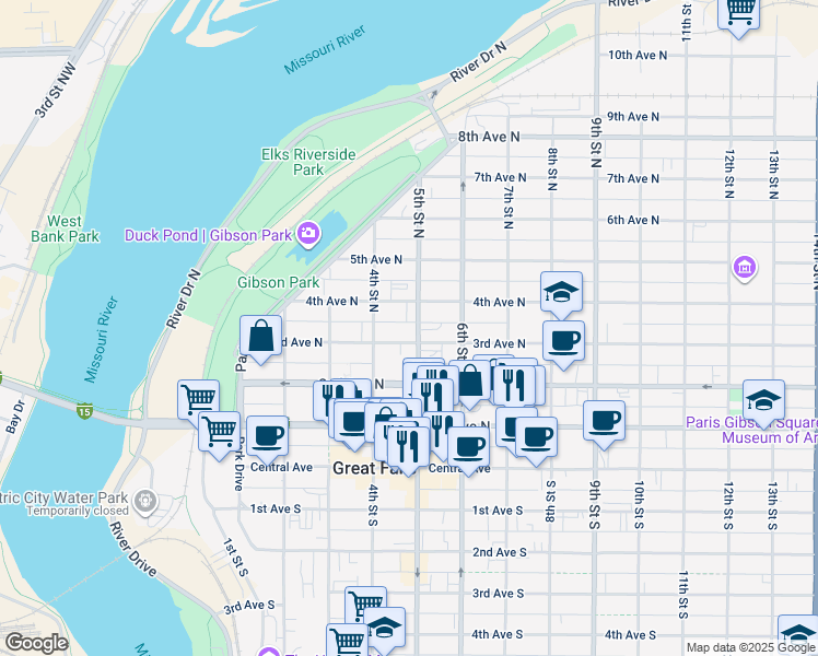 map of restaurants, bars, coffee shops, grocery stores, and more near 410 4th Avenue North in Great Falls