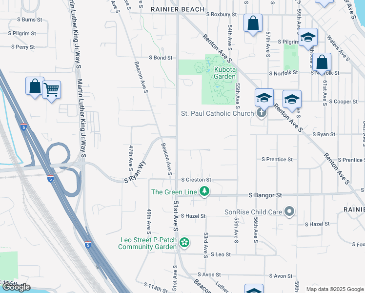 map of restaurants, bars, coffee shops, grocery stores, and more near 10206 51st Avenue South in Seattle