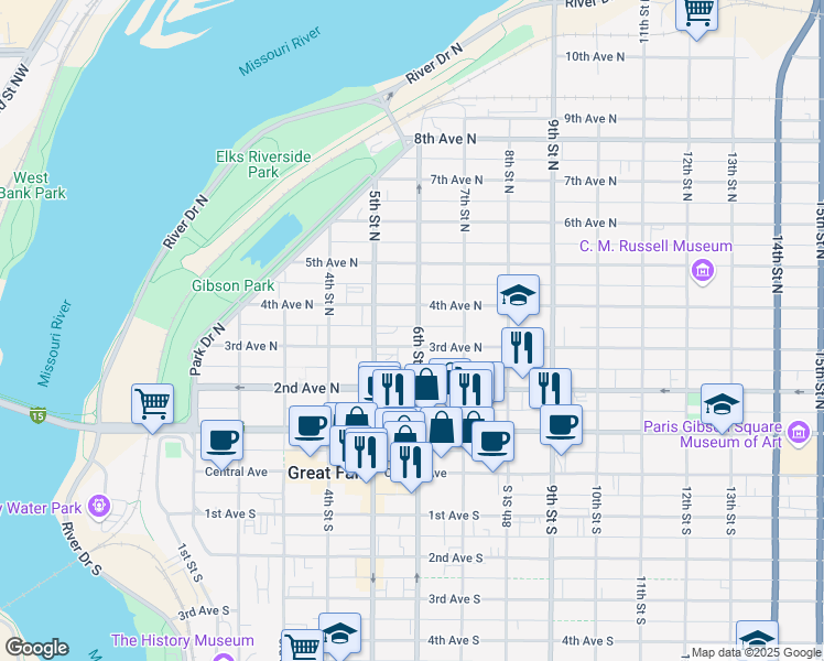 map of restaurants, bars, coffee shops, grocery stores, and more near 525 3rd Avenue North in Great Falls