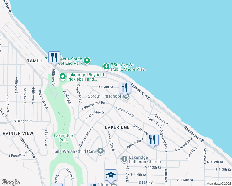 map of restaurants, bars, coffee shops, grocery stores, and more near 7537 South Ryan Street in Seattle