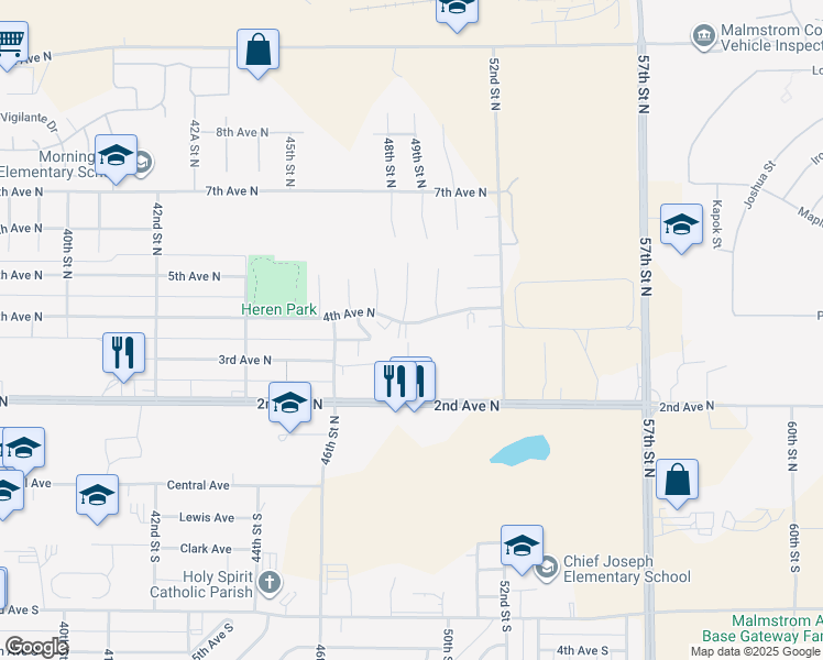 map of restaurants, bars, coffee shops, grocery stores, and more near 404 Columbine Court in Great Falls