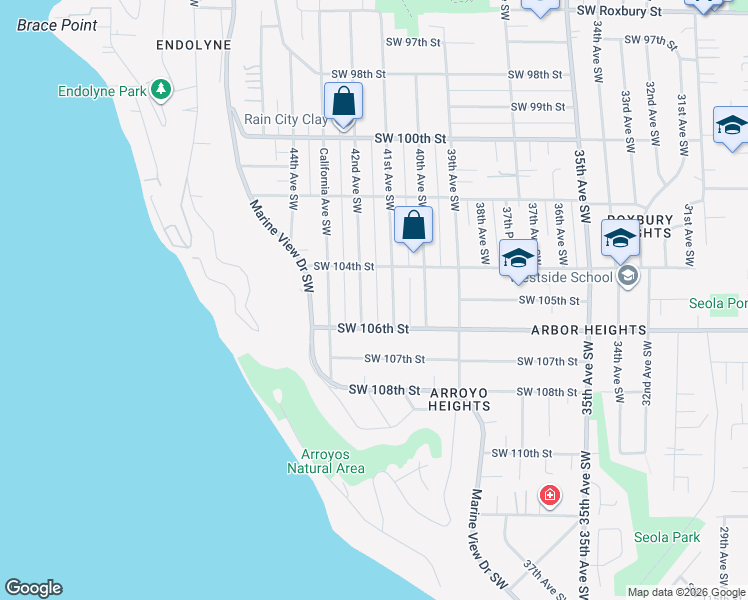 map of restaurants, bars, coffee shops, grocery stores, and more near 10432 42nd Avenue Southwest in Seattle