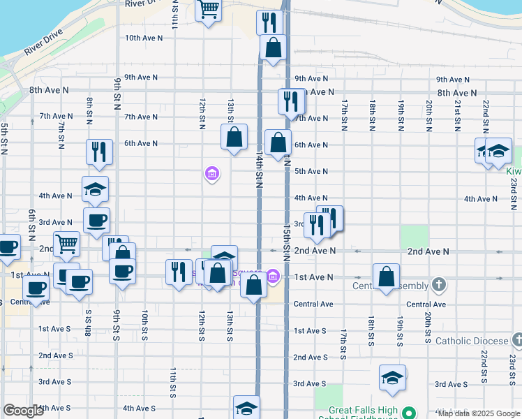 map of restaurants, bars, coffee shops, grocery stores, and more near 1324-1398 4th Avenue North in Great Falls