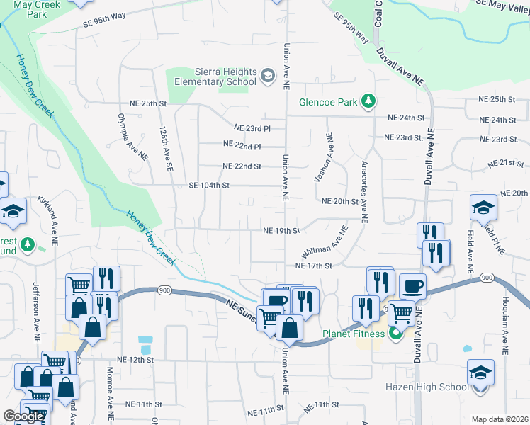 map of restaurants, bars, coffee shops, grocery stores, and more near 4002 Northeast 20th Street in Renton