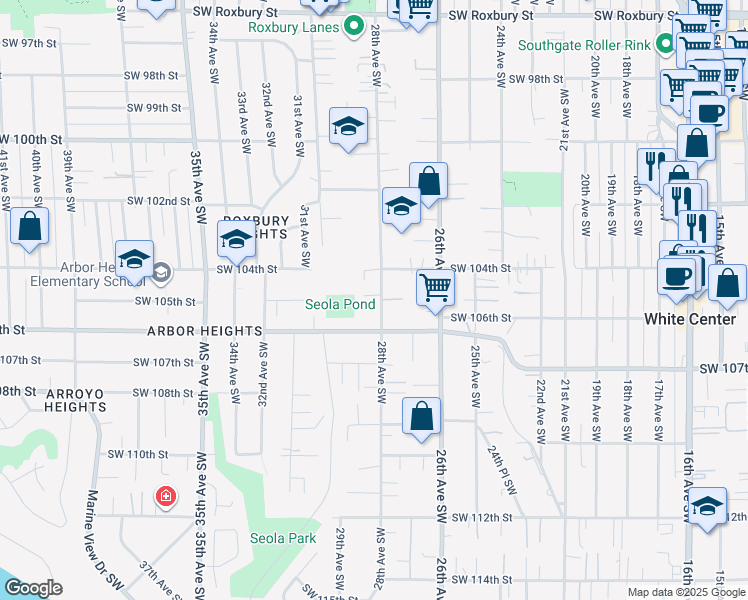 map of restaurants, bars, coffee shops, grocery stores, and more near 10421 28th Avenue Southwest in Seattle