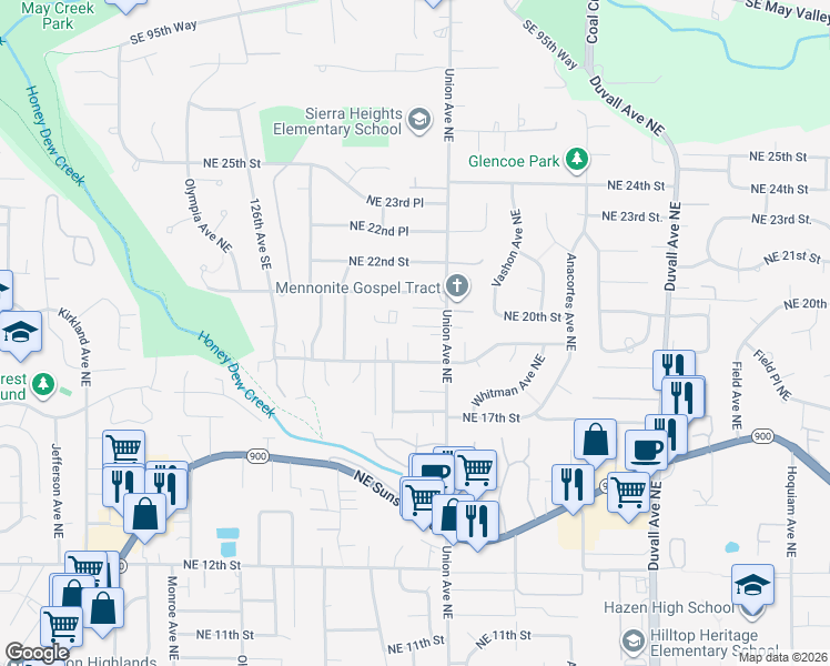 map of restaurants, bars, coffee shops, grocery stores, and more near 4002 Northeast 20th Street in Renton