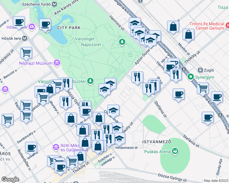 map of restaurants, bars, coffee shops, grocery stores, and more near in Budapest